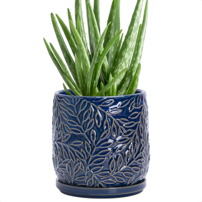 D'vine Dev 5 Inch Embossed Leaves Stoneware Planter Pot with Drainage Hole and Saucer, Midnight Blue, 27-A-V-3