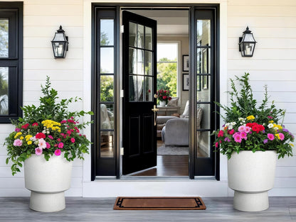 16.75"H Urn-Style Tall Planters, 2-Pack Modern Large Flower Pots for Outdoor Indoor, 2-in-1 Design Plant Containers for Garden Patio Yard Balcony Porch or Home Decor, White Terrazzo, UV-Protect