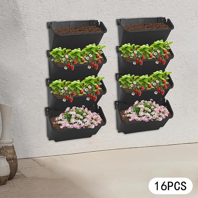 16 Pack Wall-Mounted Vertical Wall Planter Stackable Wall Planter Indoor Outdoor, Garden Self Watering Wall-Mounted Plastic Planter Plant Flower Pot Holder for Vegetable Fruit Herb