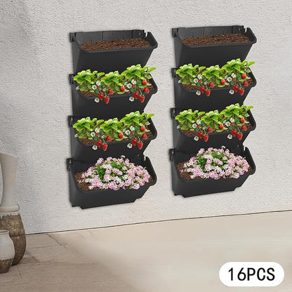 16 Pack Wall-Mounted Vertical Wall Planter Stackable Wall Planter Indoor Outdoor, Garden Self Watering Wall-Mounted Plastic Planter Plant Flower Pot Holder for Vegetable Fruit Herb