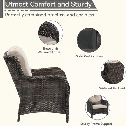 4 Pieces Patio Conversation Set, Wicker Chairs Set of 2 and Two Ottomans with 3.5-inch Seat Cushions, High Back and Curved Armrest for Backyard, Balcony and Deck, Beige