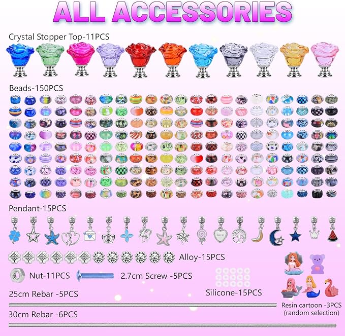 AIPRIDY 238 Pcs DIY Fairy Wand Garden Stakes Kit,Multiple Color Scheme European Beads Crystal Diamond Tops and 12 or 10 Inch Threaded Rods,Stainless Steel Stakes with Diamond Toppe (Rose Flower)