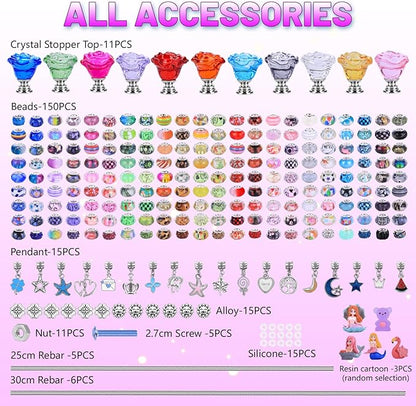 AIPRIDY 238 Pcs DIY Fairy Wand Garden Stakes Kit,Multiple Color Scheme European Beads Crystal Diamond Tops and 12 or 10 Inch Threaded Rods,Stainless Steel Stakes with Diamond Toppe (Rose Flower)