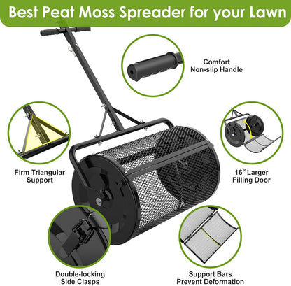 Seeutek Compost Spreader, 24" Peat Moss Spreader with 3 Heights, Top Soil Spreader W/Upgraded Side Latches Support Rod Powder Coated Metal Mesh Top Dressing Spreader for Lawn, 2 Way Uses-Push or Tow