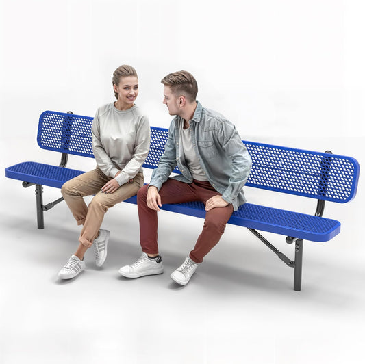 Heavy-Duty Outdoor Metal Bench, Thermoplastic-Coated, Inground, Weatherproof, Commercial-Grade for Parks, Gardens, Patios, Stores & More (8 Ft - Inground with Back, Blue)