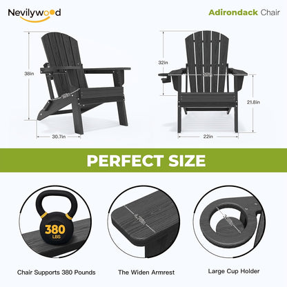 Folding Adirondack Chair - Extended Ergonomic Backrest, Cup Holder - Easy Assembly - Durable HDPE Plastic, Weather Resistant & Maintenance-Free - Lawn, Patio, Deck Supports 380lbs Black