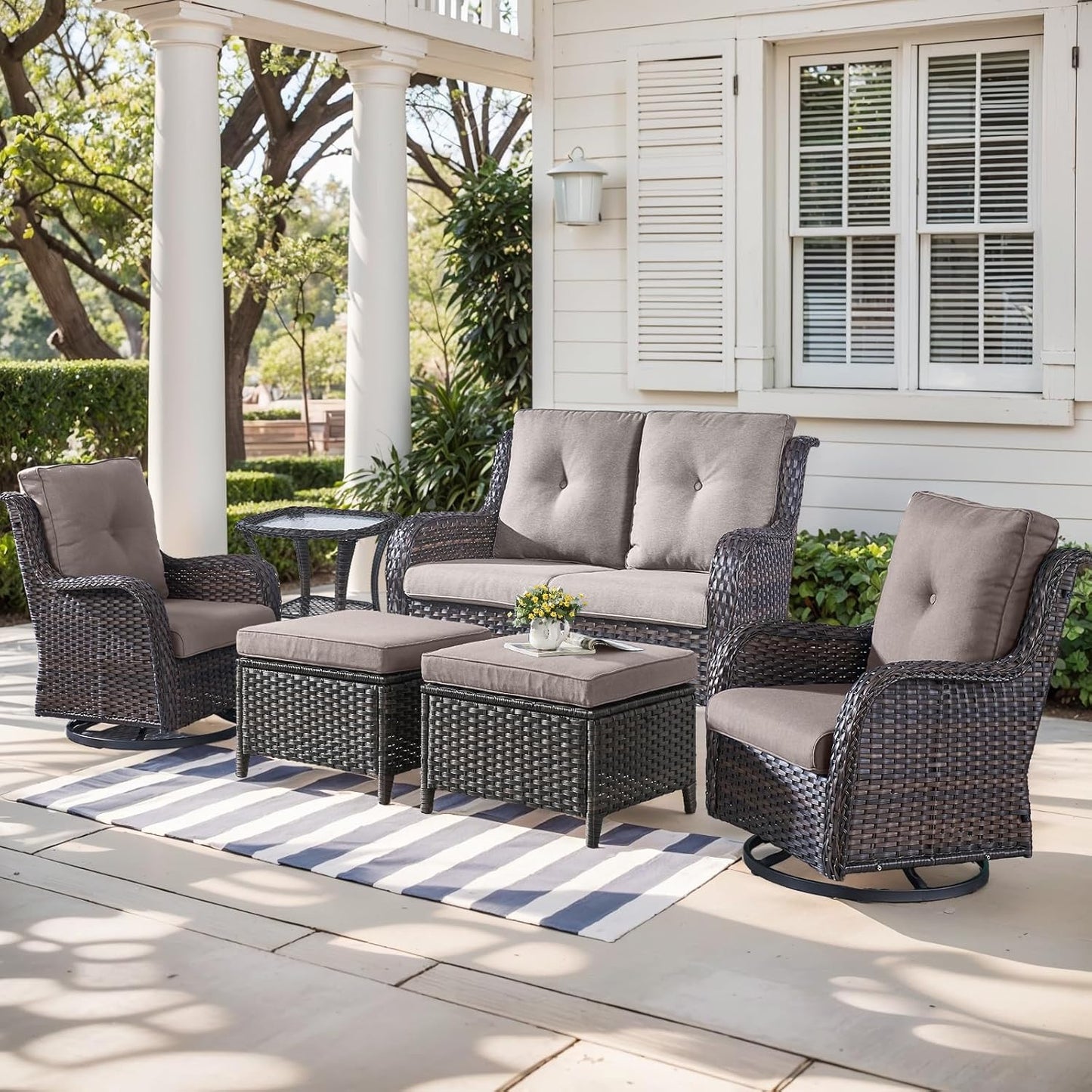 Outdoor Wicker Patio Furniture Set - 6 Piece Rattan Patio Conversation Set with 2 Rocking Swivel Chairs,2 Ottomans,1 Loveseat and 1 Side Table for Porch Deck Backyard Garden(Brown/Grey)