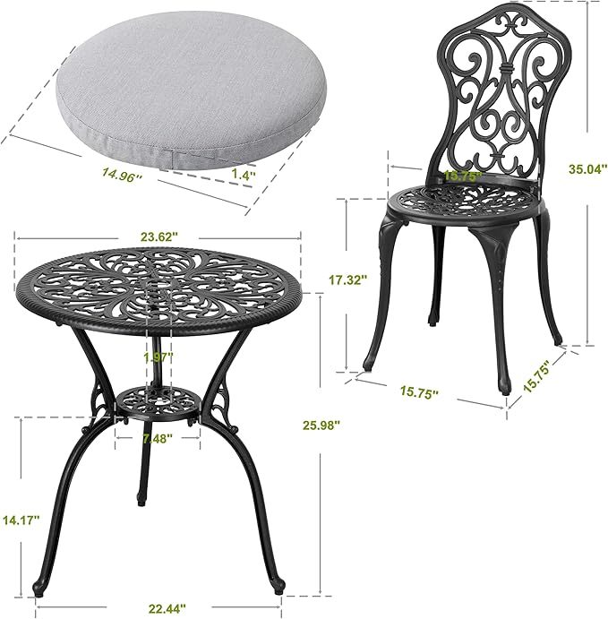 NUU GARDEN 3 Piece Outdoor Bistro Table Set, All Weather Cast Aluminum Patio Bistro Sets Patio Table and Chairs Set of 2 with Umbrella Hole for Yard, Garden, Balcony, Black