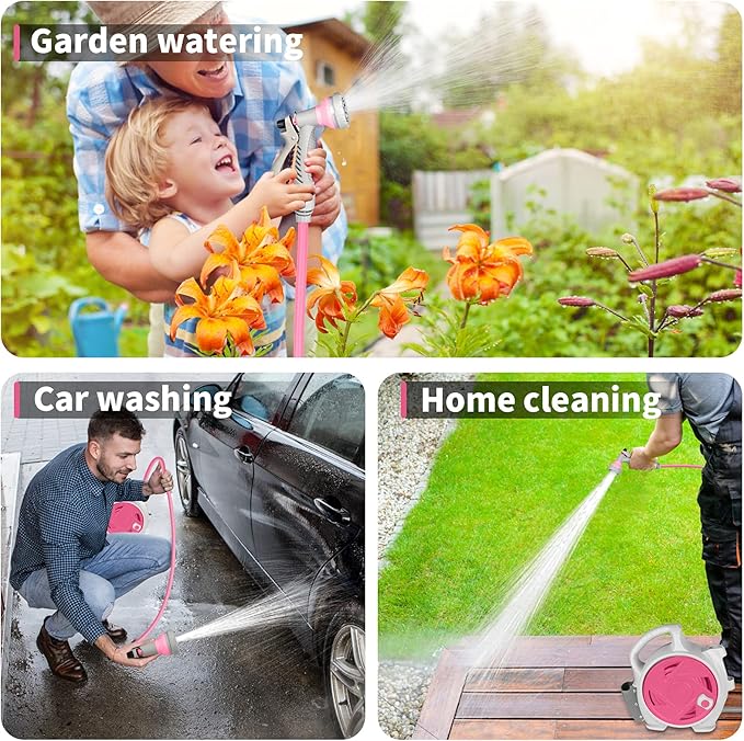 Garden Retractable Hose Reel, Portable Simple Home Hose Reel 45+5 FT with 7 Patterns Spray Nozzle, Wall Mounted and Any Length Lock for Garden Watering, Car Washing, Pet (Red Rose)