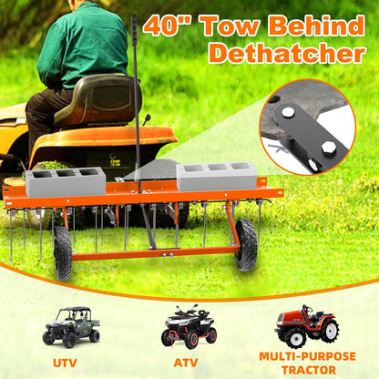 40" Tow Behind Lawn Dethatcher, Pull Behind Rake with 24 Rust-Proof Tines and Heavy Tires, Lawn Tractor Rake with Lift Handle, Tow Behind Rakes to Remove Thatch, Leaves from Large Lawn Area