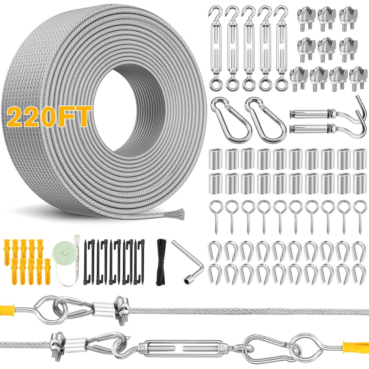 220FT 1/8" Wire Rope Kit - 304 Stainless Steel Cable with Turnbuckles for Cables Wire, Vinyl Coated Hanging Wire for Outdoor String Lights, Camping, Garden Trellis, Hanging Clothes, Pictures, Curtain