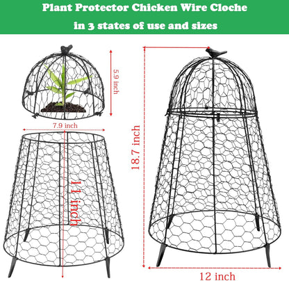 Plant Protector Chicken Wire Cloche 4 PCS, Plant Protectors from Animals, 18.7×12 Inch Large Garden Cloches for Plants, Sturdy 2-in-1 Cloche Dome for Plants, Plant Protectors for Easy Pruning