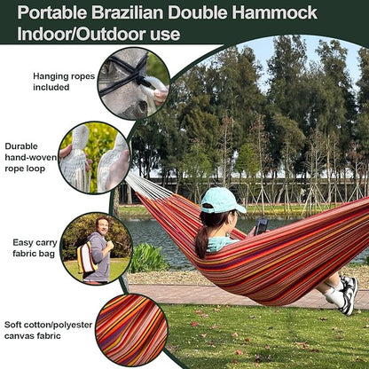 JoyView Brazilian Double Hammock with Hanging Ropes Extra Large 86.6x59” Portable Cotton Hammock for Patio Backyard Porch 450LBS Weight Capacity Perfect for Outdoor/Indoor - Color Stripes