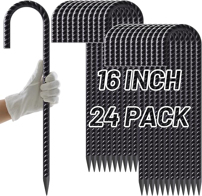 AAGUT Rebar Stakes 16 Inch J Hook Heavy Duty 24 Pack, 3/8 Inch Black Coated Metal Steel Ground Anchors Chain Link Fence Stakes for Camping Tent, Inflatables, Yard Decorations, Canopies & Swing Sets