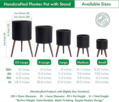 D'vine Dev 14 Inch Modern Geometric Tile Patterned Sleek Planter Pot with Stand, Indoor Outdoor Decorative Plant Holder, Distressed Black, 88-Z-D-5