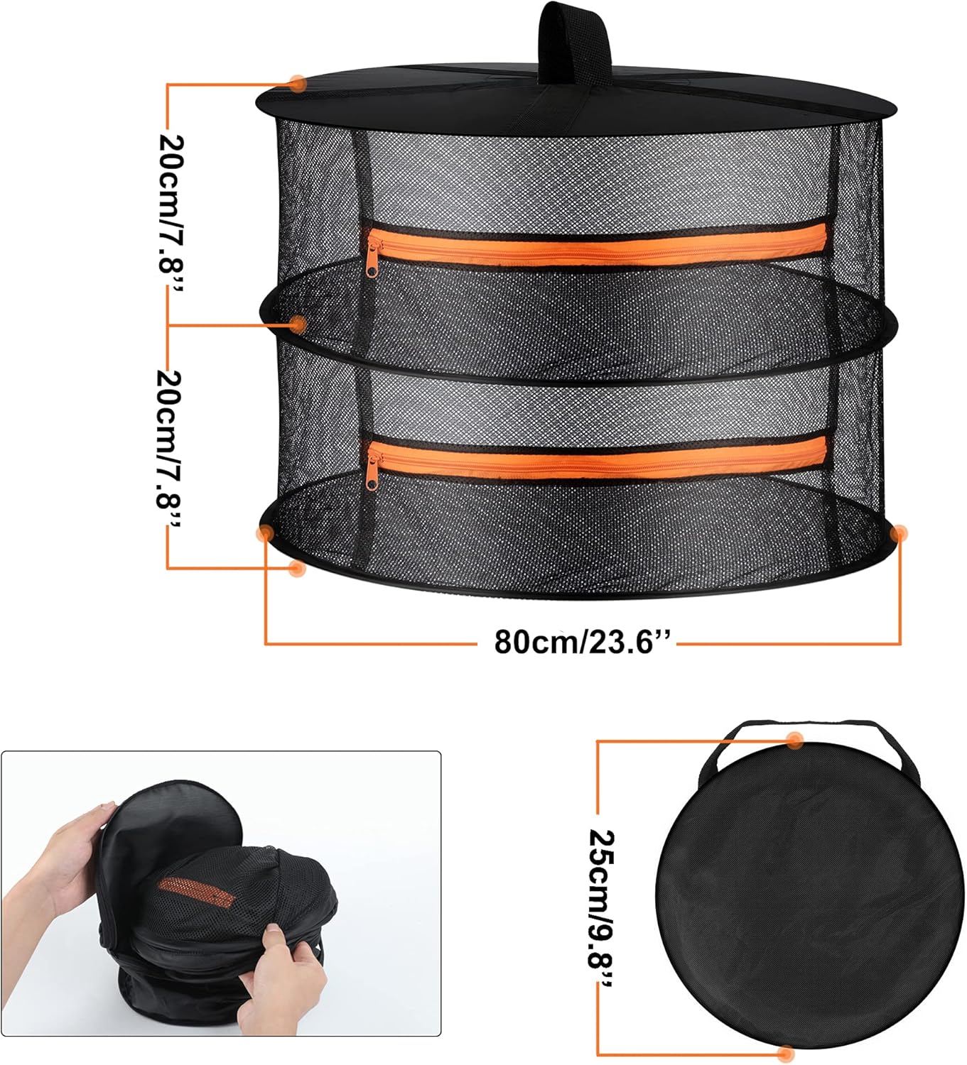 Desy & Feeci Herb Drying Rack- 2ft Diameter 2 Layer Folding Mesh Hanging Basket Dryer Net with Zippers for Seeds Flowers Buds Plants Garden Outdoor Bumper Harvest(D24xH16 inch)