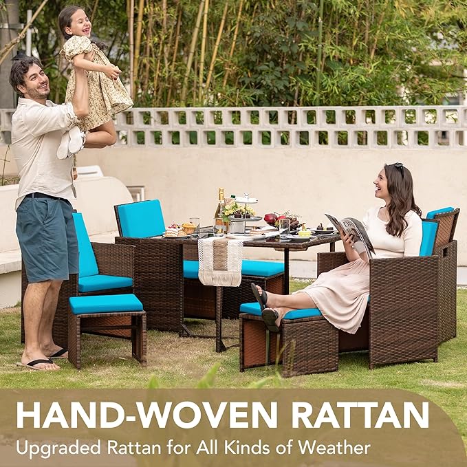 Devoko 9 Pieces Patio Dining Sets Outdoor Space Saving Rattan Chairs with Glass Table Patio Furniture Sets Cushioned Seating and Back Sectional Conversation Set (Blue)