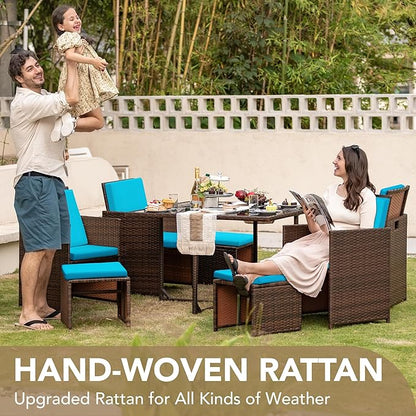 Devoko 9 Pieces Patio Dining Sets Outdoor Space Saving Rattan Chairs with Glass Table Patio Furniture Sets Cushioned Seating and Back Sectional Conversation Set (Blue)