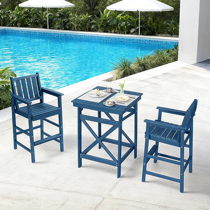QUASCO 3-Piece Outdoor Adirondack Chairs and Table, All Weather HDPE Tall Adirondack Chair Set of 2 and Bar Table, Outdoor Bar Stools Set for Bistro Balcony Patio, Navy