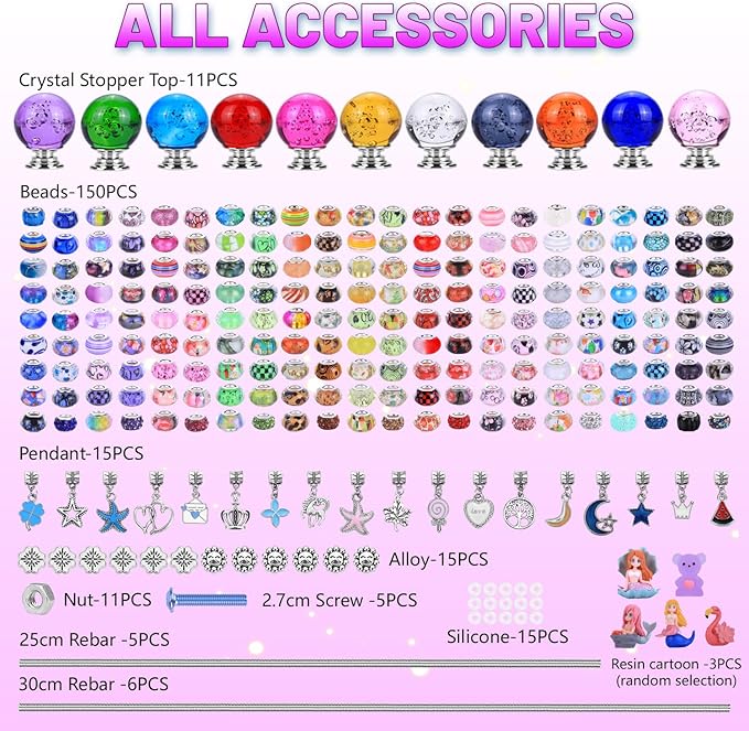 AIPRIDY 238 Pcs DIY Fairy Wand Garden Stakes Kit,Multiple Color Scheme European Beads Crystal Diamond Tops and 12 or 10 Inch Threaded Rods,Stainless Steel Stakes with Diamond Toppe(Inner Bubble)