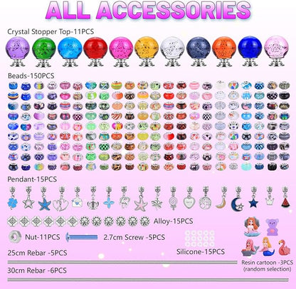 AIPRIDY 238 Pcs DIY Fairy Wand Garden Stakes Kit,Multiple Color Scheme European Beads Crystal Diamond Tops and 12 or 10 Inch Threaded Rods,Stainless Steel Stakes with Diamond Toppe(Inner Bubble)