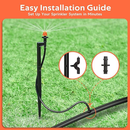 360 Degree Irrigation Sprinkler Heads: Micro Sprinkler Nozzle on 12 Inch Stake with 1/4" Tubing - Drip Spray Emitters for Garden Irrigation System (20 Pack)