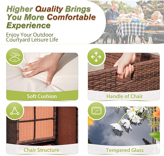 Devoko 9 Pieces Patio Dining Sets Outdoor Space Saving Rattan Chairs with Glass Table Patio Furniture Sets Cushioned Seating and Back Sectional Conversation Set (Beige)