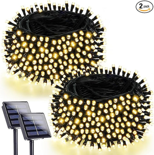 2 Pack 90FT Solar Christmas Lights, Super Bright 160 LED Solar Lights String with 8 Lighting Modes, Outdoor Waterproof Green Wire Solar Twinkle Light for Xmas Garden Decorations (Warm White)