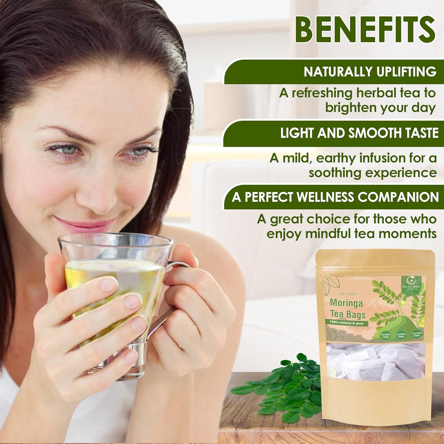 NHAT ANH FARM - Premium Moringa Tea Bags, 40 Tea Bags, 100% Natural Dried Moringa Leaves, Naturally Sweet Herbal Tea, Sugar-Free, Caffeine-Free, No Additives