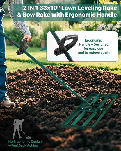 Lawn Leveling Rake 33x10'', Yard Leveling Rake with 78'' Back-Saving Adjustable Handle, Stainless Steel Lawn Leveler Tool with 17'' Tines Head for Garden, Backyard, Farm, Golf Course