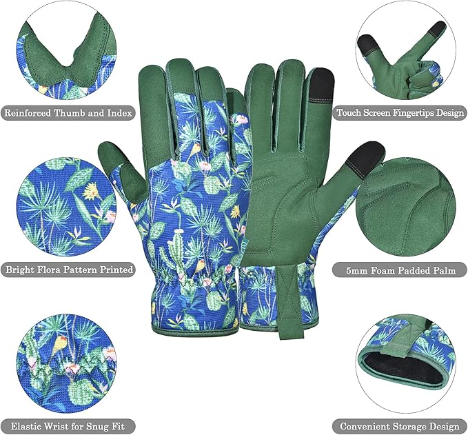Gardening Gloves for Women and Men, Garden Gloves with Touch Screen, Thorn Proof Puncture Resistant Working Gloves, Gardening Gifts for Women,Blue-green flowers M