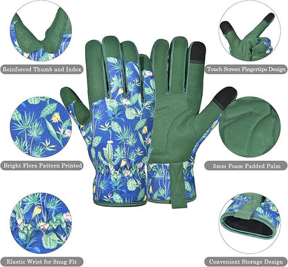 Gardening Gloves for Women and Men, Garden Gloves with Touch Screen, Thorn Proof Puncture Resistant Working Gloves, Gardening Gifts for Women,Blue-green flowers M