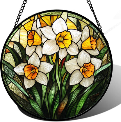 Stained Glass Window Hanging, Yellow and White Daffodils Sun Catcher for Door Home Decor Plants Flowers Suncatcher Christmas Mother's Day Birthday Gifts for Women Men Mom Nana 15 in