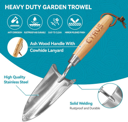 CYRUS 12.4”Garden Shovel,Heavy Duty Small Stainless Steel Garden Trowel with Ash Wood Handle,Suitable for Planting,Measuring,Weeding Multi-Purpose Garden Spade