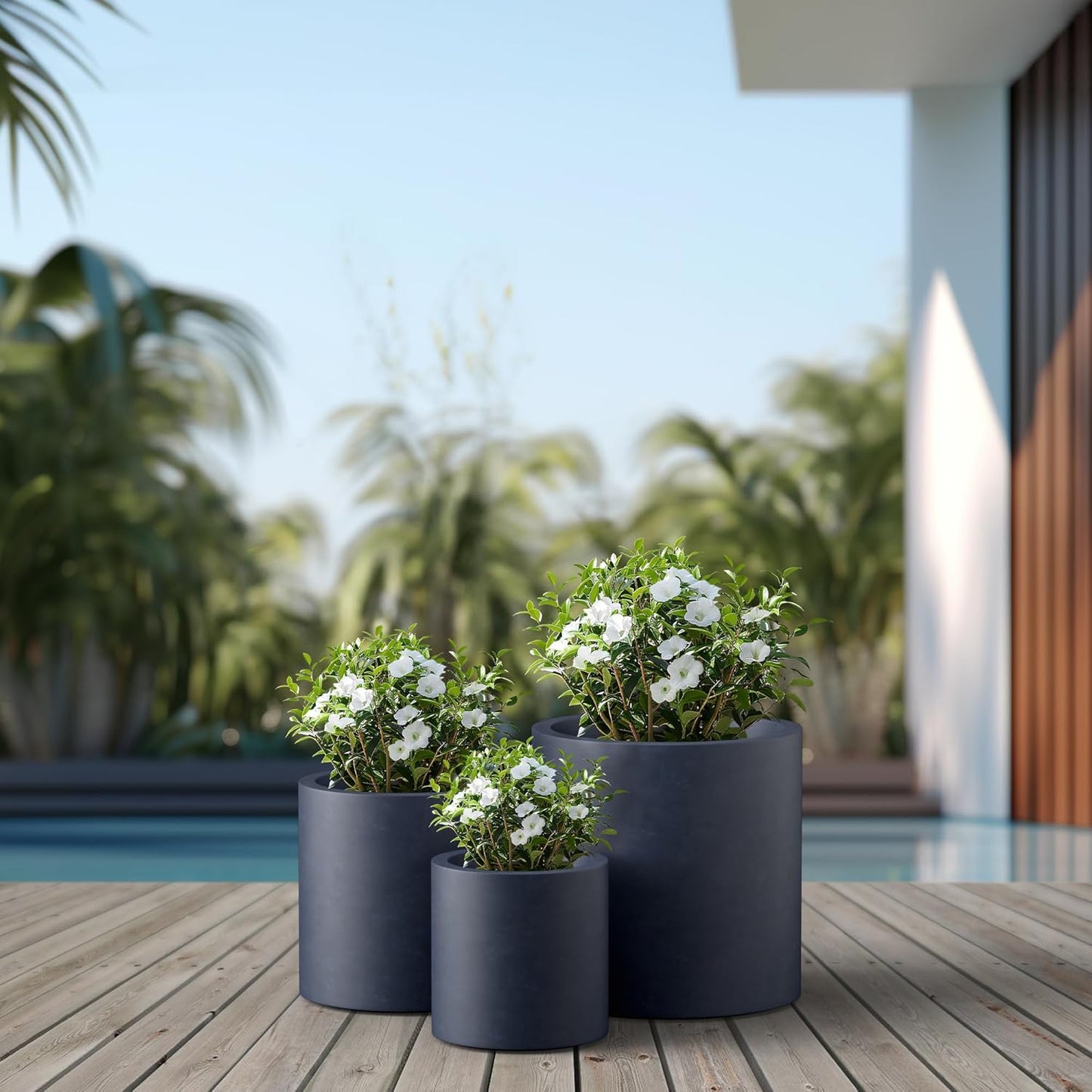 Kante 9.8",12.6",15.7" Dia Round Concrete Planter Set of 3, Modern Style Large Cylindrical Plant Pot with Drainage Hole and Rubber Plug for Indoor Outdoor Patio, Dark Gray