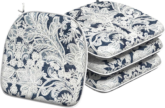 Indoor/Outdoor Chair Cushions 16x17 Inch, Patio Chair Cushions with Ties, All Weather Seat Cushions for Patio Furniture Home Garden Chair Use, Set of 4,Damask Lapis
