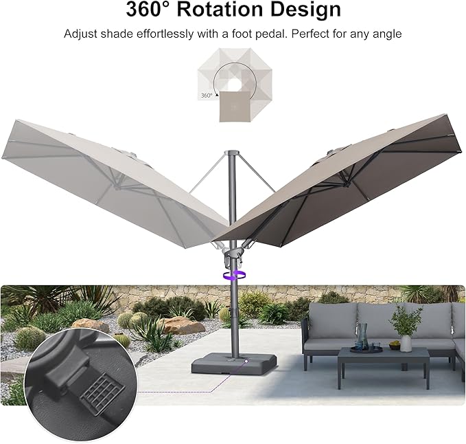 PURPLE LEAF 8' X 8' Swivel Outdoor Patio Aluminum Umbrella with Base Left-right Tilting Cantilever Offset Umbrella with UV Resistant Heavy Duty Fabric for Deck Pool Patio Backyard, Ash Mocha