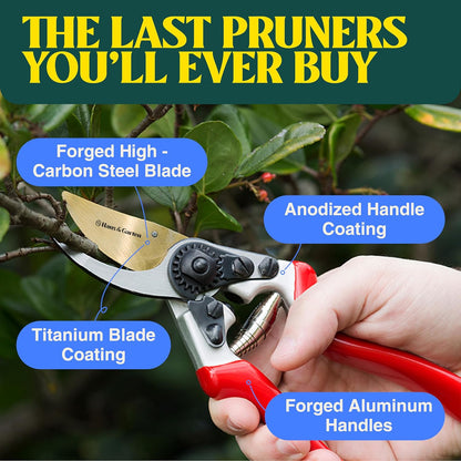 Haus & Garten EnduroPRO Ergonomic Bypass Pruners - Professional Titanium Garden Shears - Heavy Duty Hand Pruning Scissor, Tree Trimmer, Gardening Tool, Branch, Hedge, Rose, Shrub & Bush Clippers