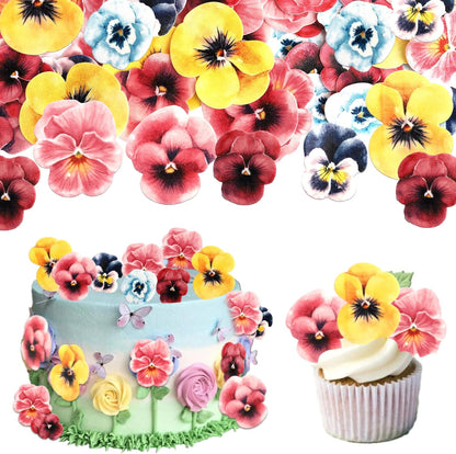 60 PCS Edible Flowers Cake Toppers Wafer Paper Flowers Cupcake Toppers Pansies Wedding Bridal Engagement Edible Flower Cake Decorations for Baby Shower Birthday Party Cake Food Decorations Supplies