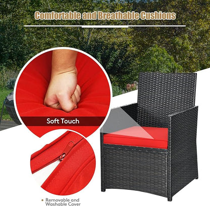 Tangkula 3 Pieces Patio Dining Set, Space-Saving PE Rattan Bistro Set with Tempered Glass Top Table and Cushioned Chairs, Outdoor Conversation Set for Garden Backyard Poolside Porch (Red)