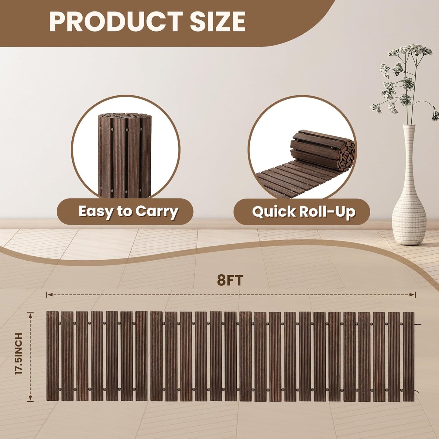 8FT Wooden Garden Pathway, Roll Out Walkway for Patio, Backyard and Outdoor Decor, Weatherproof, Non Slip and Easy to Install, Perfect for Beach, Wedding or Lawn (Brown)