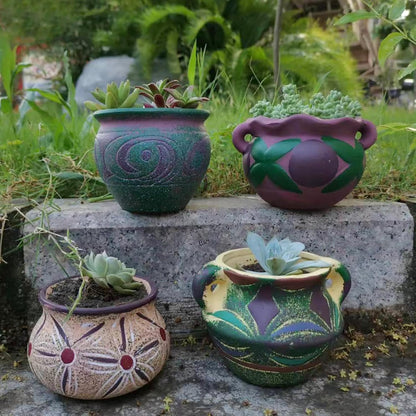 4 Piece Ceramic Plant Pots Indoor Pots Set with Drainage Holes, Rustic Colorful Decorative Flower Pots for Indoor&Outdoor Little Plants, Cute Cactus/Bonsai Plant Pots