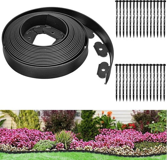 Landscape Edging Coil 33 FT, 2 Inch Tall Garden Edging Border Flexible Lawn Edging Kit with 30 Spikes, Plastic Edging for Landscaping Flower Beds Yard Pathway Paver Edging (2IN x 33FT, Black)