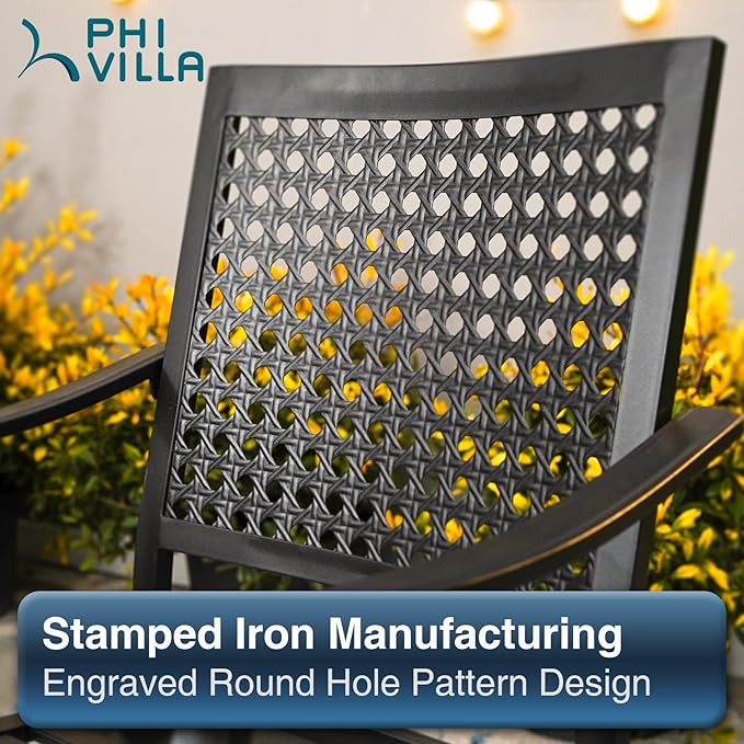 PHI VILLA 3 Piece Outdoor Patio Bistro Dining Set, Slatted Metal Round Table & 2 Stacking Iron Chairs, Outdoor Furniture Set for Porch, Deck, Balcony