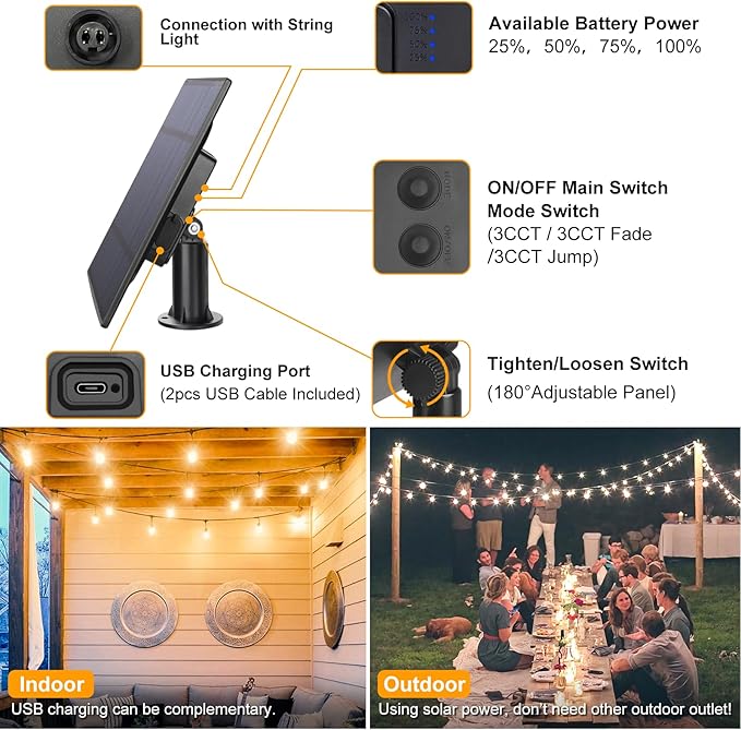 Mlambert 2 Pack Each 48FT 3-Color in 1 Solar String Lights Outdoor, Dimmable Patio Lights with Remote, 30+5 Waterproof LED Bulbs for Cafe Bistro Yard