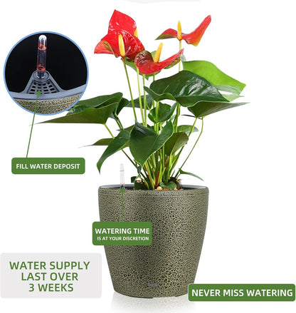 Dexceder 18x17 Self Watering Planter with Wheels Indoor Outdoor, Inner Pot Design, Thickened Large Floor Standing Flower Plant Pot with Water Level Indicator (Black Gold Crackle)