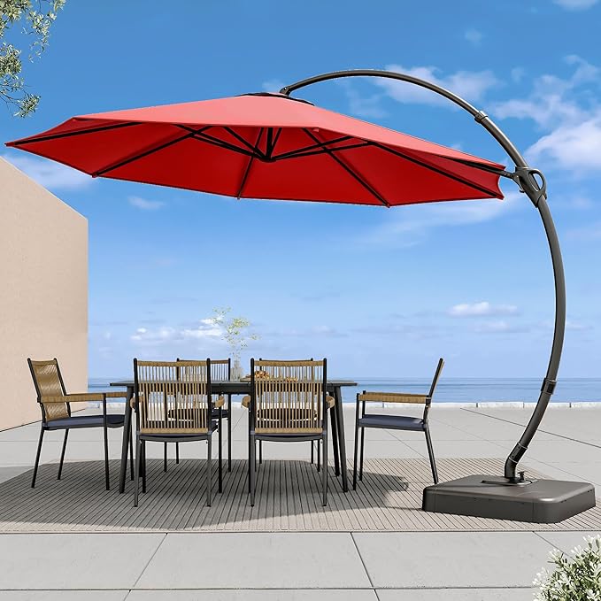 LAUSAINT HOME Outdoor Patio Umbrella with Base included, 12 FT Deluxe Curvy Cantilever Umbrella Heavy Duty Offset Hanging Umbrella with 360° Rotation for Market, Pool, Garden, Backyard, Deck (Red)