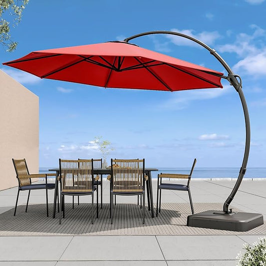 LAUSAINT HOME Outdoor Patio Umbrella with Base included, 12 FT Deluxe Curvy Cantilever Umbrella Heavy Duty Offset Hanging Umbrella with 360° Rotation for Market, Pool, Garden, Backyard, Deck (Red)