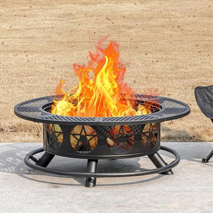 36 Inch Fire Pit with 2 Grills, Wood Burning Fire Pits for Outside with Lid & Poker, BBQ& Outdoor Firepit & Round Metal Table 3 in 1 for Patio, Picnic, Party