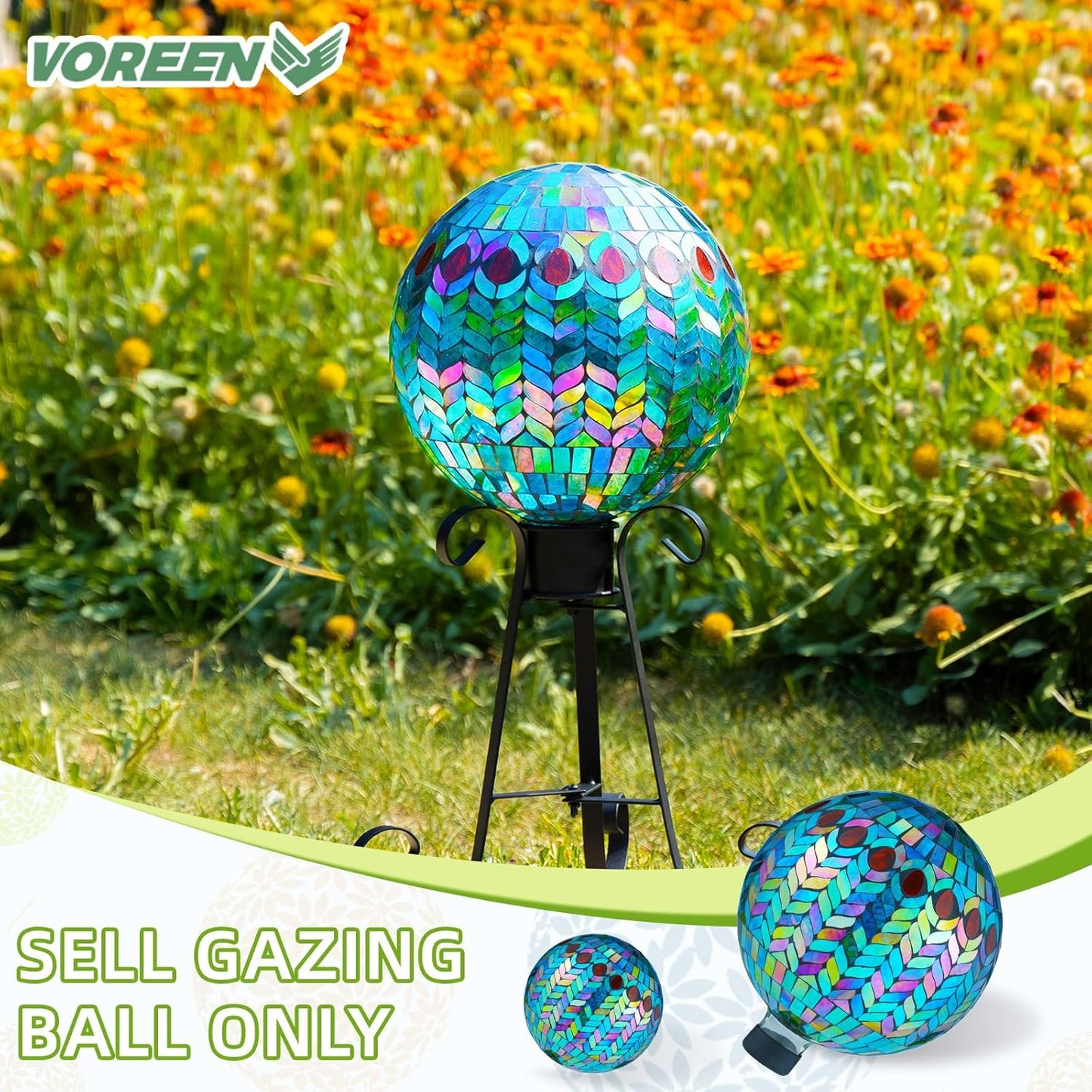 VOREEN Mosaic Glass Gazing Ball Outdoor Gazing Globe, Handmade Reflective Ball Yard Decoration for Homes, Patio, Lawn and Gardens, Gift for Mom Wife Friend, 10-Inch, Blue